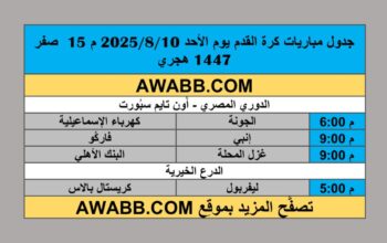 جدول مباريات كرة القدم يوم الأحد 2025/8/10 م 15 صفر 1447 هجري