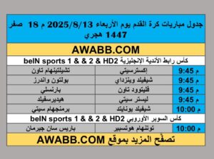 جدول مباريات كرة القدم يوم الأربعاء 2025/8/13 م 18 صفر 1447 هجري