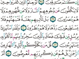الورد اليومي سورة الأنبياء من الاية 36 إلى الاية 44″و إذا رءاك اللذين كفروا إن يتخذونك إلا هزوا أهذا الذي يذكر ءالهتكم و هم بذكر الرحمن هم كافرون”