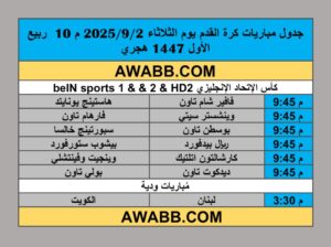 جدول مباريات كرة القدم يوم الثلاثاء 2025/9/2 م 10 ربيع الأول 1447 هجري