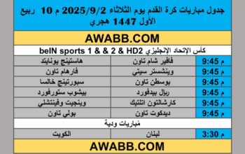 جدول مباريات كرة القدم يوم الثلاثاء 2025/9/2 م 10 ربيع الأول 1447 هجري