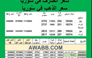 سعر الذهب اليوم في سوريا سعر الصرف في سوريا اليوم 2025/8/2 Syrian exchange سعر الدولار في سورية سعر الليرة التركية في سورية سعر اليورو في سوريا سعر الريال السعودي في سوريا