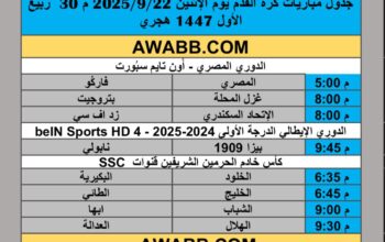 جدول مباريات كرة القدم يوم الإثنين 2025/9/22 م 30 ربيع الأول 1447 هجري
