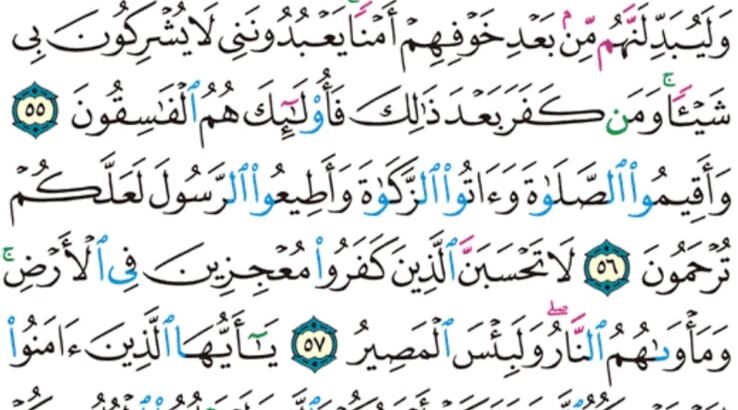 الورد اليومي سورة النور من الاية 54 إلى الاية 58 “قل أطيعوا الله و أطيعوا الرسول فإن تولوا فإنما عليه ما حمل و عليكم ما حملتم و إن تطيعوه تهتدوا و ما على الرسول إلا البلاغ المبين”
