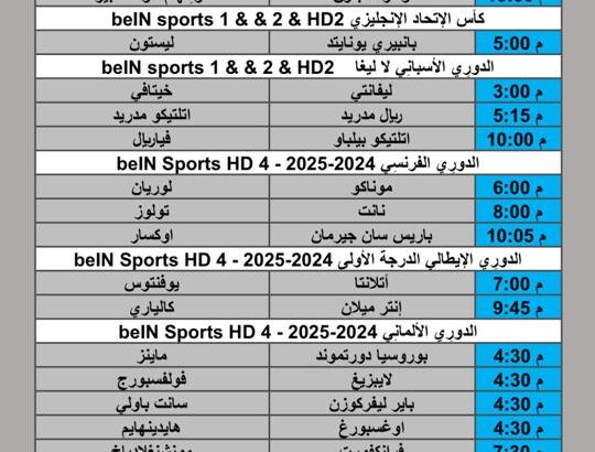 جدول مباريات كرة القدم يوم السبت 2025/9/27 م 5 ربيع الثاني 1447 هجري
