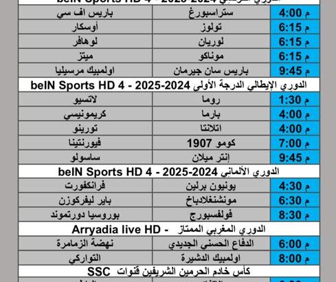جدول مباريات كرة القدم يوم الأحد 2025/9/21 م 29 ربيع الأول 1447 هجري