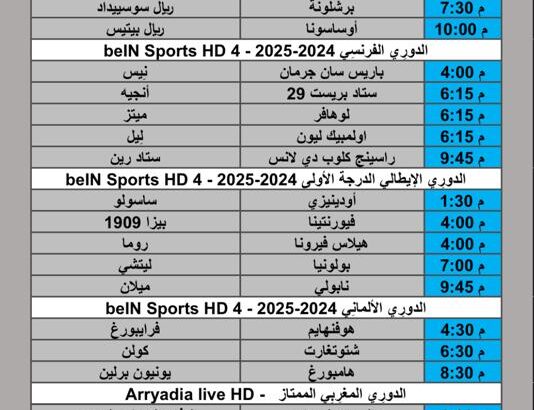 جدول مباريات كرة القدم يوم الأحد 2025/9/27 م 6 ربيع الثاني 1447 هجري