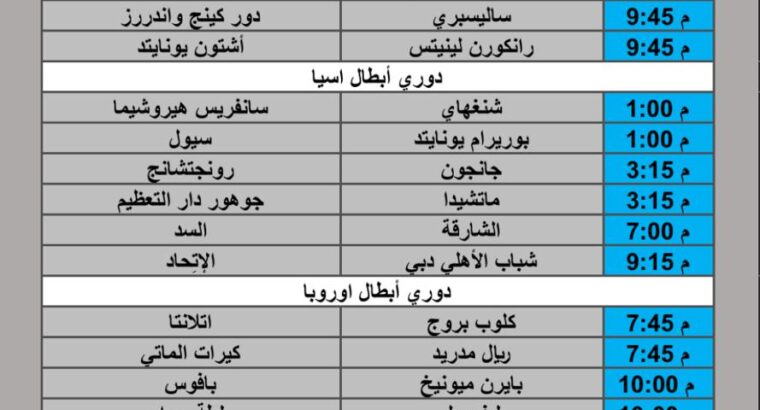 جدول مباريات كرة القدم يوم الثلاثاء 2025/9/30 م 8 ربيع الثاني 1447 هجري