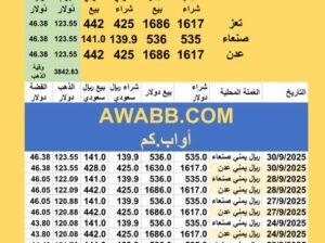 سعر الصرف في اليمن سعر الذهب و الفضة اليوم سعر الفضة للوقية 30/9/2025 YER Yemen currency exchange سعر الدولار في اليمن سعر الريال السعودي في اليمن