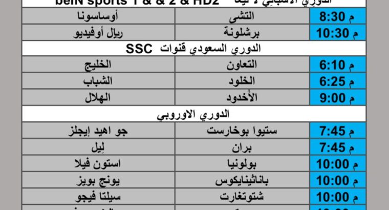 جدول مباريات كرة القدم يوم الخميس 2025/9/25 م 3 ربيع الثاني 1447 هجري