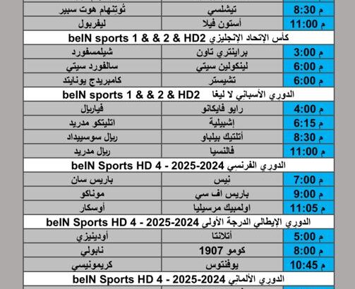 جدول مباريات كرة القدم يوم السبت 2025/11/1 م 10 جمادي الأول 1447 هجري