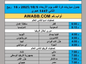 جدول مباريات كرة القدم يوم الإثنين 2025/10/6 م 14 ربيع الثاني 1447 هجري