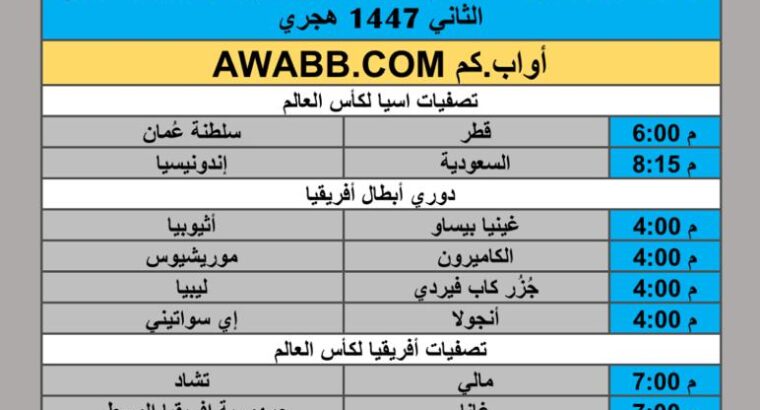 جدول مباريات كرة القدم يوم الإثنين 2025/10/6 م 14 ربيع الثاني 1447 هجري