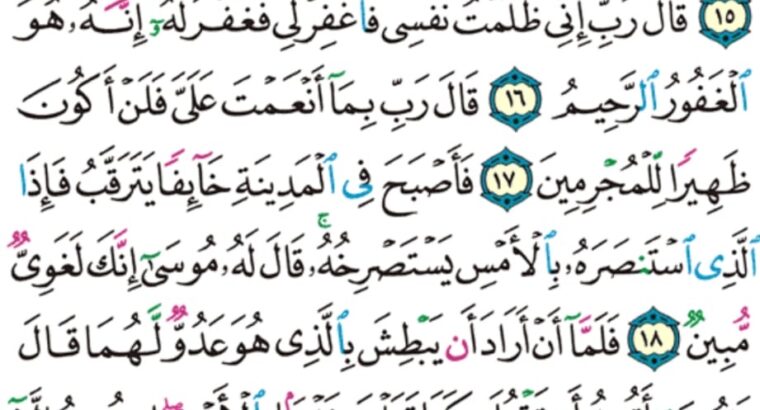 الورد اليومي سورة القصص من الاية 14 إلى الاية 21 “و لما بلغ أشده و استوى ءاتيناه حكماً و علماً و كذلك نجزي المحسنين”