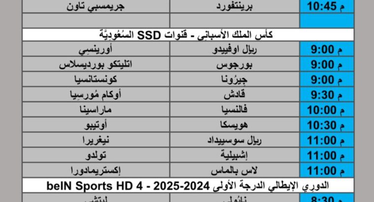 جدول مباريات كرة القدم يوم الثلاثاء 2025/10/28 م 7 جمادي الأول 1447 هجري