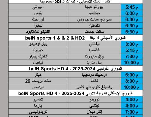 جدول مباريات كرة القدم يوم السبت 2025/10/4 م 12 ربيع الثاني 1447 هجري