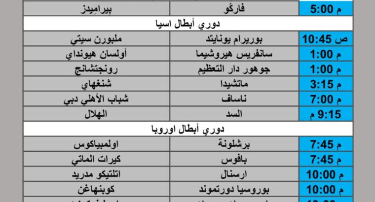 جدول مباريات كرة القدم يوم الثلاثاء 2025/10/21 م 30 ربيع الثاني 1447 هجري