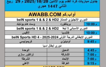 جدول مباريات كرة القدم يوم الإثنين 2025/10/20 م 29 ربيع الثاني 1447 هجري