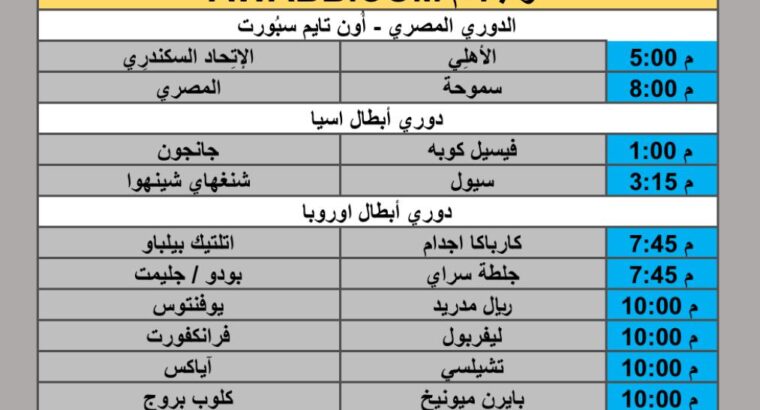 جدول مباريات كرة القدم يوم الأربعاء 2025/10/22 م 1 جمادي الأول 1447 هجري
