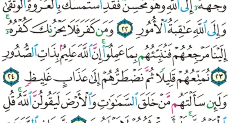 الورد اليومي سورة لقمان من الاية 20 إلى الاية 28 “ألم تروا أن الله سخر لكم ما في السماوات و ما في الأرض و أسبغ عليكم نعمه ظاهرة و باطنة و من الناس من يجادل في الله بغير علم و لا”