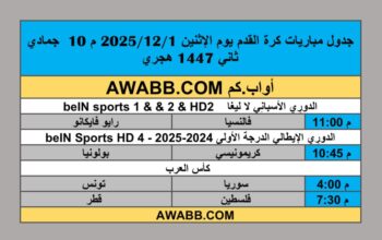 جدول مباريات كرة القدم يوم الإثنين 2025/12/1 م 10 جمادي ثاني 1447 هجري