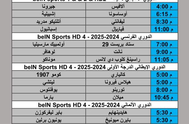 جدول مباريات كرة القدم يوم السبت 2025/11/8 م 17 جمادي الأول 1447 هجري