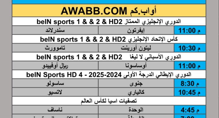 جدول مباريات كرة القدم يوم الإثنين 2025/11/3 م 12 جمادي الأول 1447 هجري
