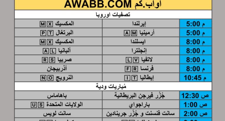 جدول مباريات كرة القدم يوم الأحد 2025/11/16 م 25 جمادي الأول 1447 هجري