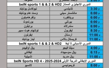 جدول مباريات كرة القدم يوم السبت 2025/12/20 م 29 جمادي ثاني 1447 هجري