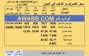 سعر الصرف في اليمن سعر الذهب الفضة البلاتين البلاديوم الثلاثاء 2025-12-16 م 25 جماد الثاني 1447 هجري YER Yemen currency exchange سعر الدولار في اليمن سعر الريال السعودي في اليمن