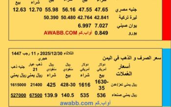 سعر الصرف في اليمن سعر الصرف في مصر سعر اليورو سعر الليرة التركية سعر اليوان الصيني سعر الذهب الفضة البلاتين البلاديوم الثلاثاء 2025/12/30 م 11 رجب 1447هجري YER EG TR EU SAR