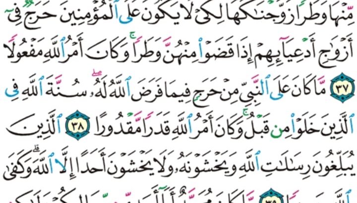 الورد اليومي سورة الأحزاب من الاية 36 إلى الاية 43 “و ما كان لمؤمن و لا مؤمنة إذا قضى الله و رسوله أمراً أن يكون لهم الخيرة من أمرهم و من يعص الله و رسوله فقد ضل ضلالاً مبيناً”