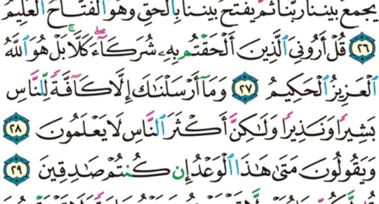 الورد اليومي سورة سبأ من الاية 23 إلى الاية 43 ” و لا تنفع الشفاعة عنده إلا لمن أذن حتى إذا فزع عن قلوبهم قالوا ماذا قال ربكم قالوا الحق و هو العلي الكبير”