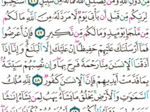 الورد اليومي سورة الشورى من الاية 45 الاية 51 “و تراهم يعرضون عليها خاشعين من الذل ينظرون من طرف خفي و قال اللذين ءامنوا إن الخاسرين اللذين خسروا أنفسهم و أهليهم يوم القيامة ألا “