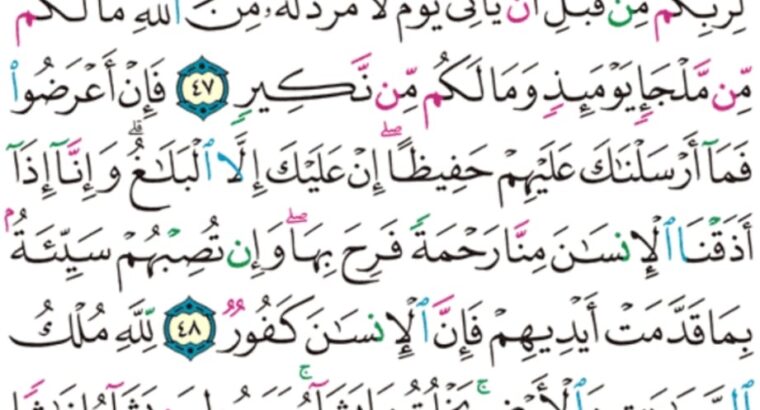 الورد اليومي سورة الشورى من الاية 45 الاية 51 “و تراهم يعرضون عليها خاشعين من الذل ينظرون من طرف خفي و قال اللذين ءامنوا إن الخاسرين اللذين خسروا أنفسهم و أهليهم يوم القيامة ألا “